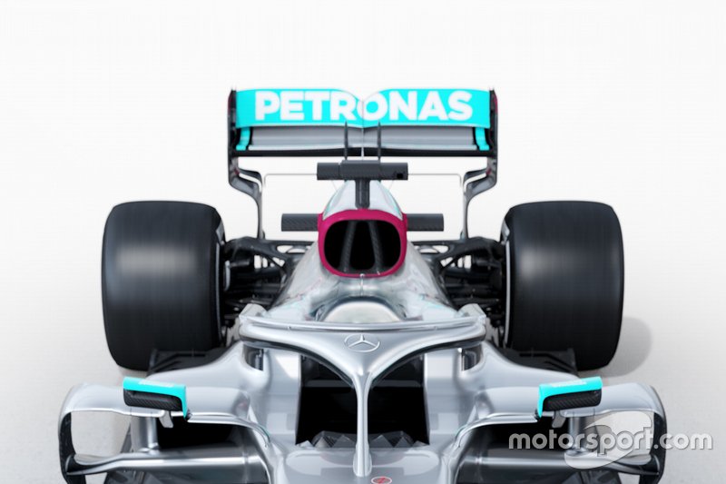 Mercedes AMG F1 W11, dettaglio delle pance con la bocca sopra al cono anti intrusione