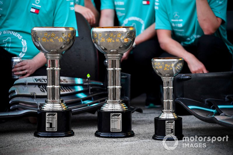 Trophies from the Race winner Valtteri Bottas, Mercedes AMG F1, third place Lewis Hamilton, Mercedes AMG F1 and the winning constructors trophy