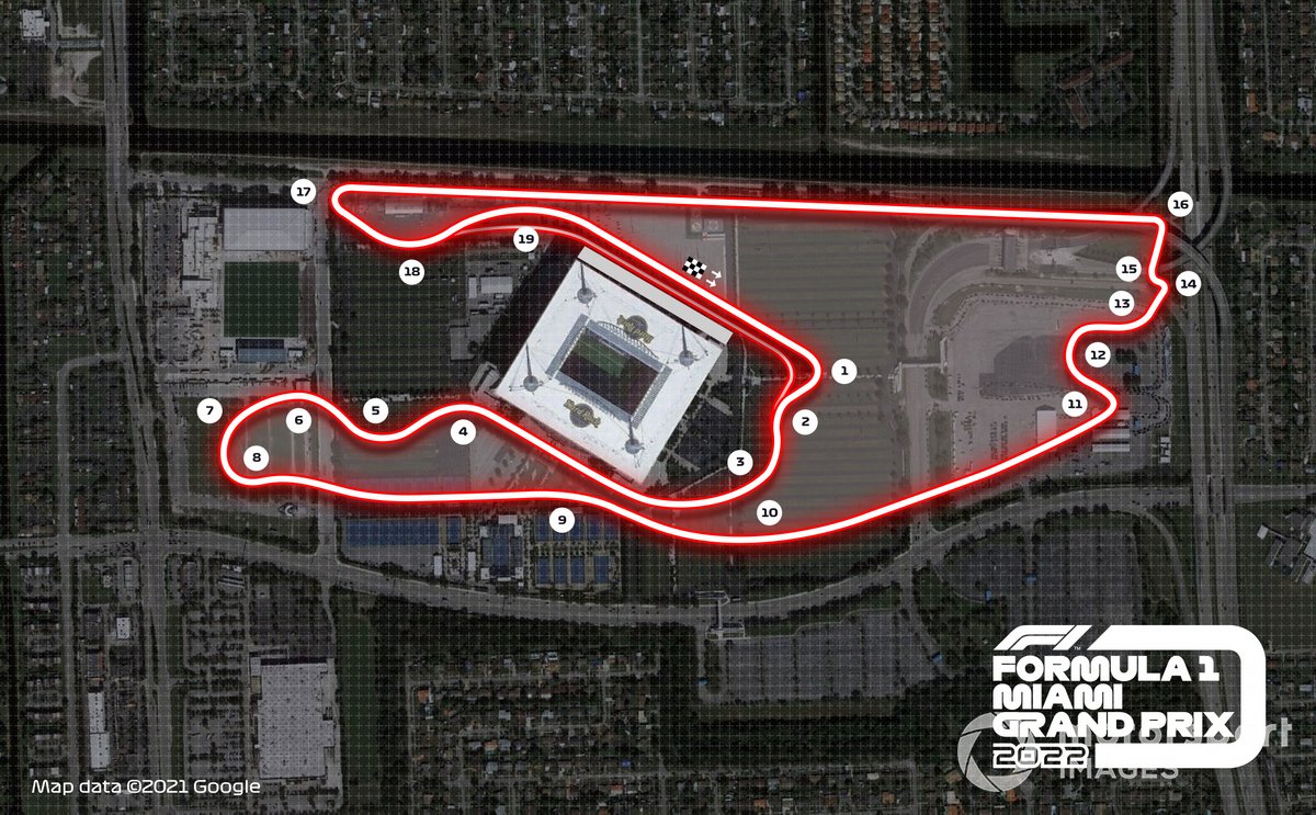 Rencana sirkuit jalan raya untuk Grand Prix Miami 2022.
