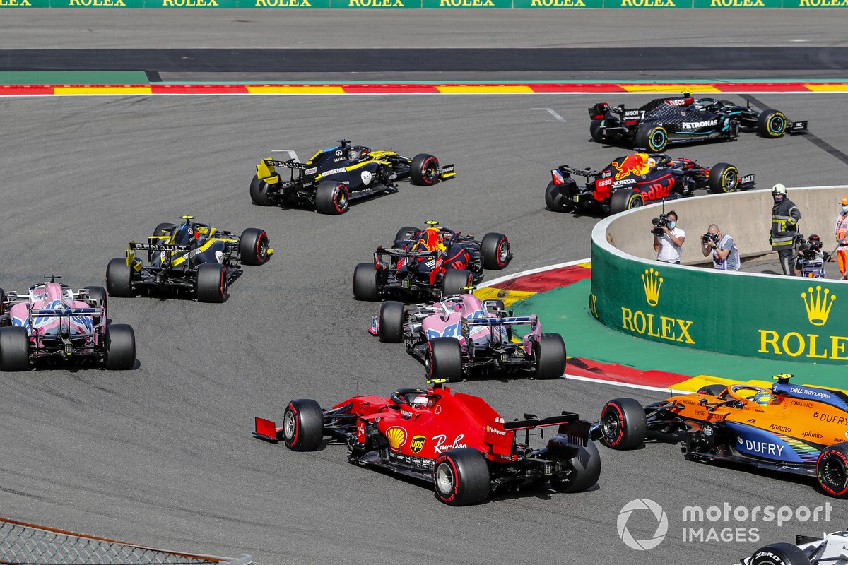 Lewis Hamilton, Mercedes F1 W11, Valtteri Bottas, Mercedes F1 W11, Max Verstappen, Red Bull Racing RB16, Daniel Ricciardo, Renault F1 Team R.S.20, Alex Albon, Red Bull Racing RB16, Esteban Ocon, Renault F1 Team R.S.20, Lance Stroll, Racing Point RP20, Sergio Perez, Racing Point RP20, Charles Leclerc, Ferrari SF1000, and Lando Norris, McLaren MCL35, at the start