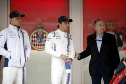 Valtteri Bottas en Felipe Massa, Williams, met Jean Todt, President, FIA