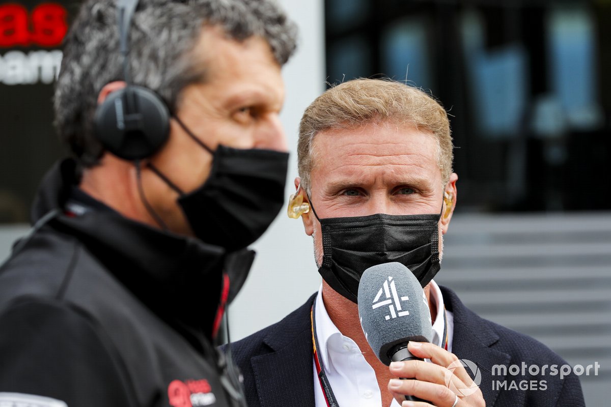 Presenter David Coulthard, Channel 4 F1, interviews Guenther Steiner, Team Principal, Haas F1