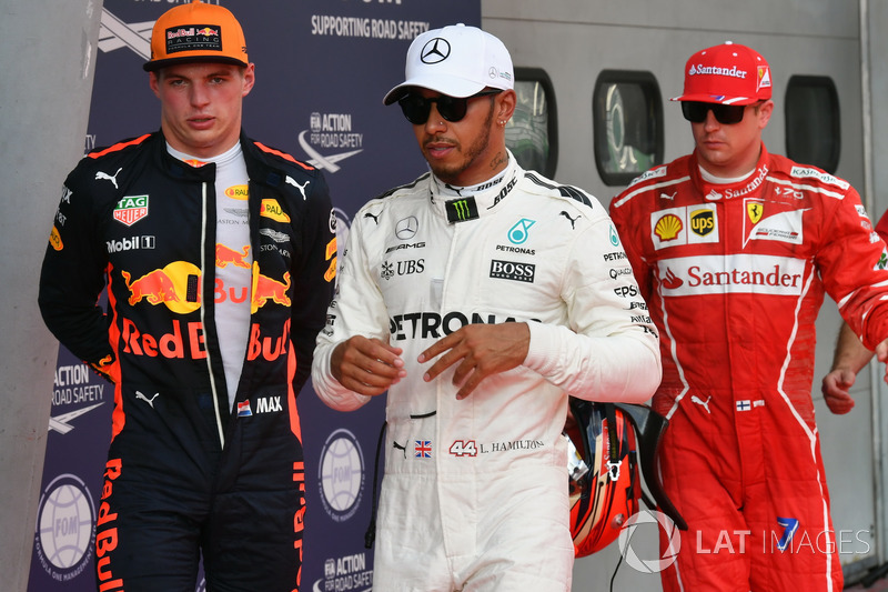 Max Verstappen, Red Bull Racing, Lewis Hamilton, Mercedes AMG F1 and Kimi Raikkonen, Ferrari in parc ferme