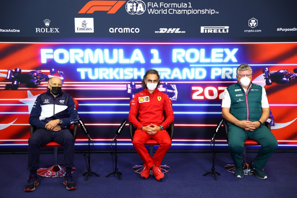 Franz Tost, Team Principal, AlphaTauri, Laurent Mekies, Racing Director, Ferrari, and Otmar Szafnauer, Team Principal and CEO, Aston Martin F1, in the team principals Press Conference