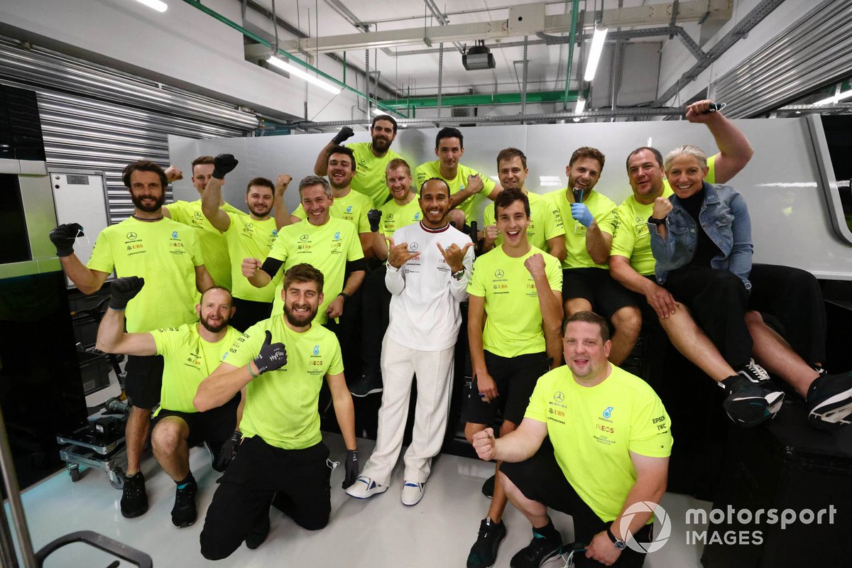 Lewis Hamilton, Mercedes, 1st position, celebrates with his team after the race