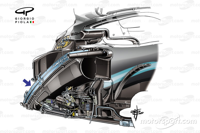 Mercedes AMG F1 W10: a hűtés és a hűtőnyílás szájának elrendezése