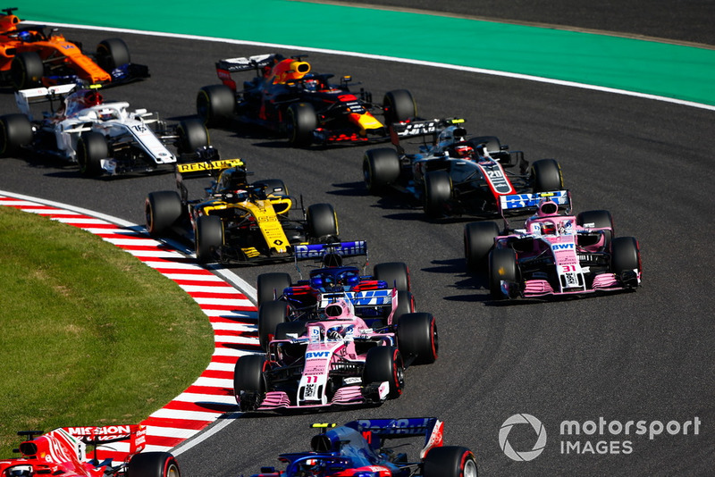 Серхіо Перес, Racing Point Force India VJM11, Брендон Хартлі, Toro Rosso STR13, Естебан Окон, Racing Point Force India VJM11, Карлос Сайнс-мол., Renault Sport F1 Team R.S. 18, Кевін Магнуссен, Haas F1 Team VF-18, Шарль Леклер, Sauber C37, Даніель Ріккардо, Red Bull Racing RB14, та Фернандо Алонсо, McLaren MCL33