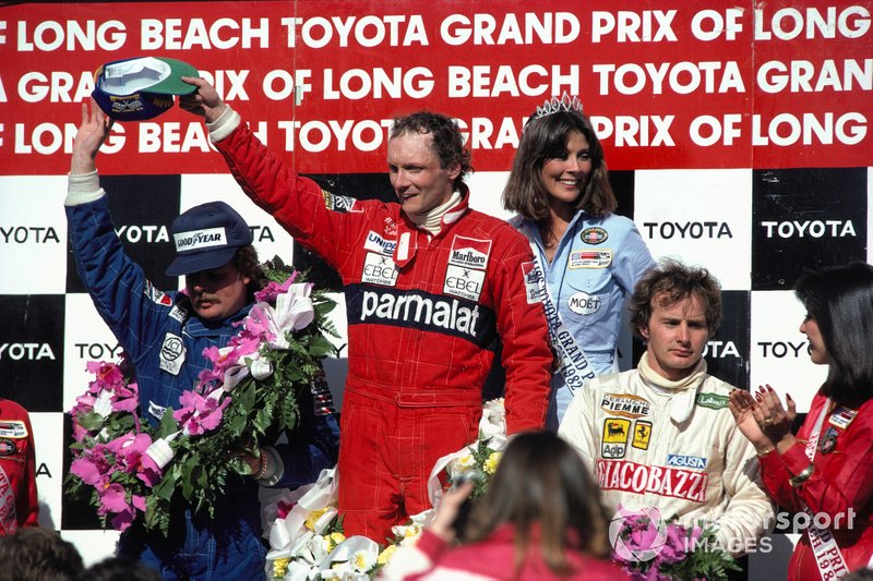 Racewinnaar Niki Lauda, Brabham, tweede Keke Rosberg, Williams, derde Gilles Villeneuve, Ferrari