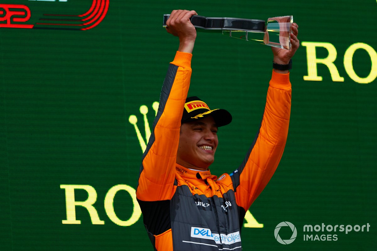 Lando Norris, McLaren, 3rd position, lifts his trophy