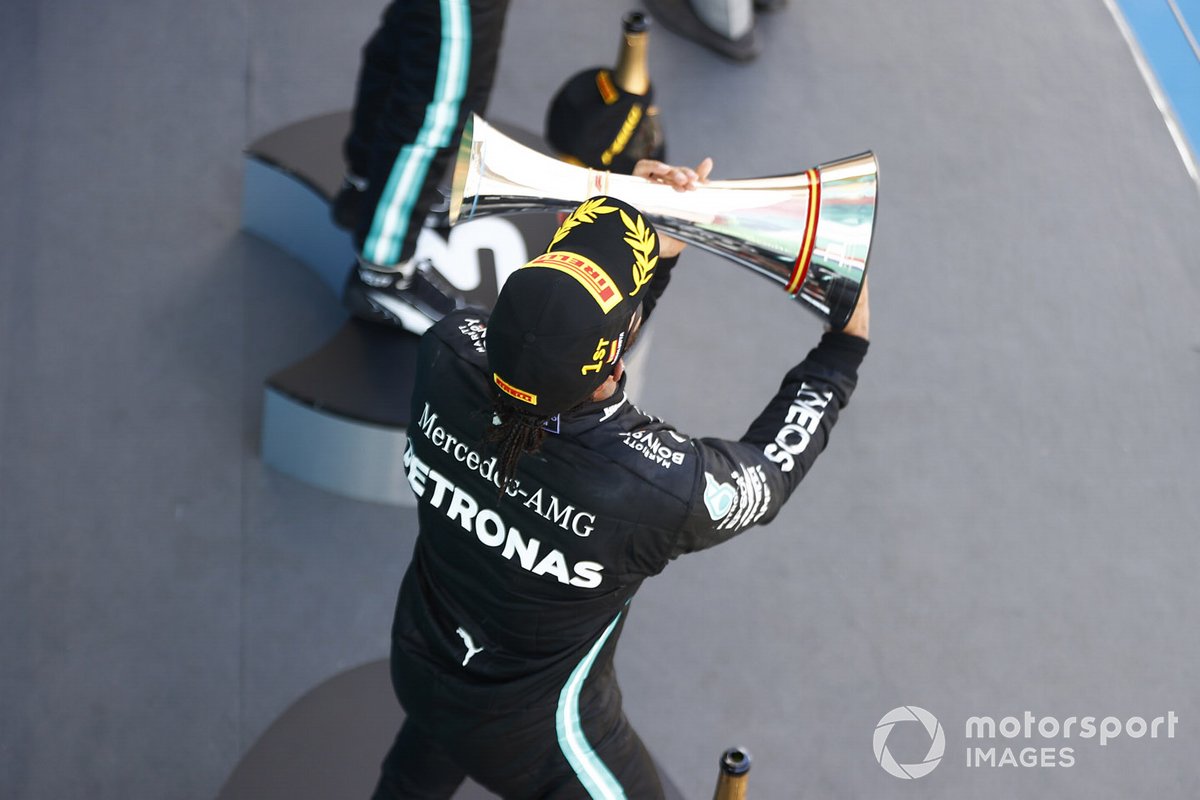 Lewis Hamilton, Mercedes-AMG Petronas F1, celebrates on the podium