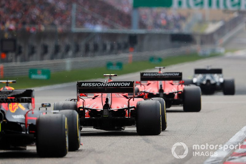 Sebastian Vettel, Ferrari SF90, leads Charles Leclerc, Ferrari SF90, andMax Verstappen, Red Bull Racing RB15, to the grid