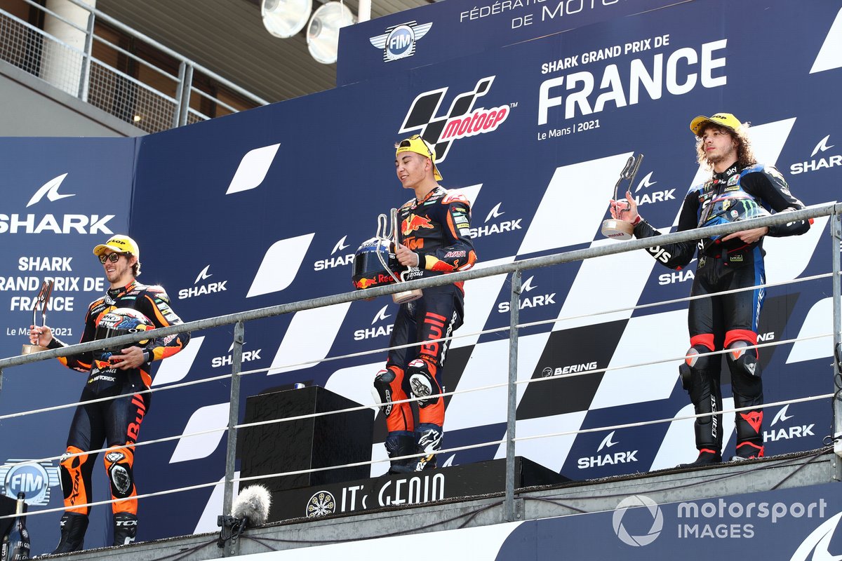 Raul Fernandez, Red Bull KTM Ajo, Remy Gardner, Red Bull KTM Ajo Marco Bezzecchi, Sky Racing Team VR46 podium