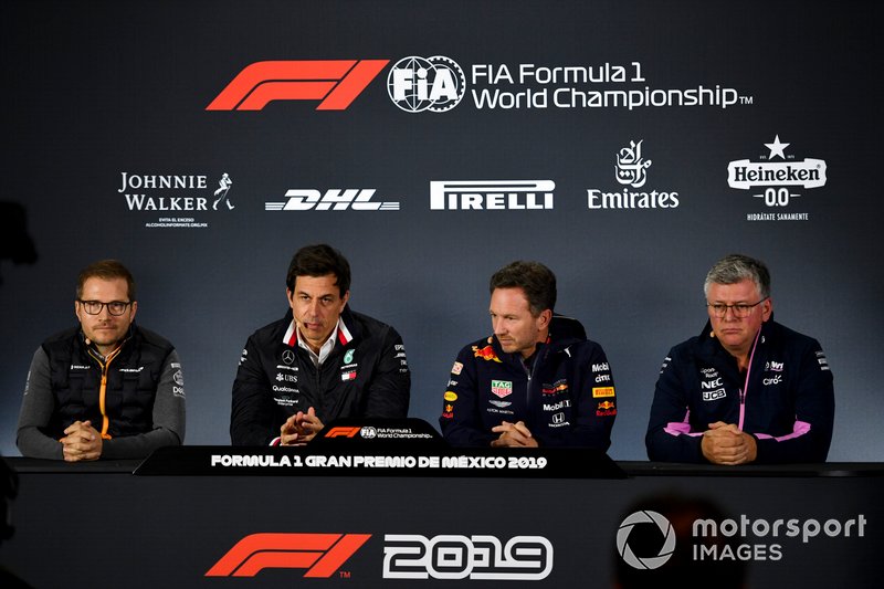 Andreas Seidl, Team Principal, McLaren, Toto Wolff, Executive Director (Business), Mercedes AMG, Christian Horner, Team Principal, Red Bull Racing and Otmar Szafnauer, Team Principal and CEO, Racing Point in the Press Conference