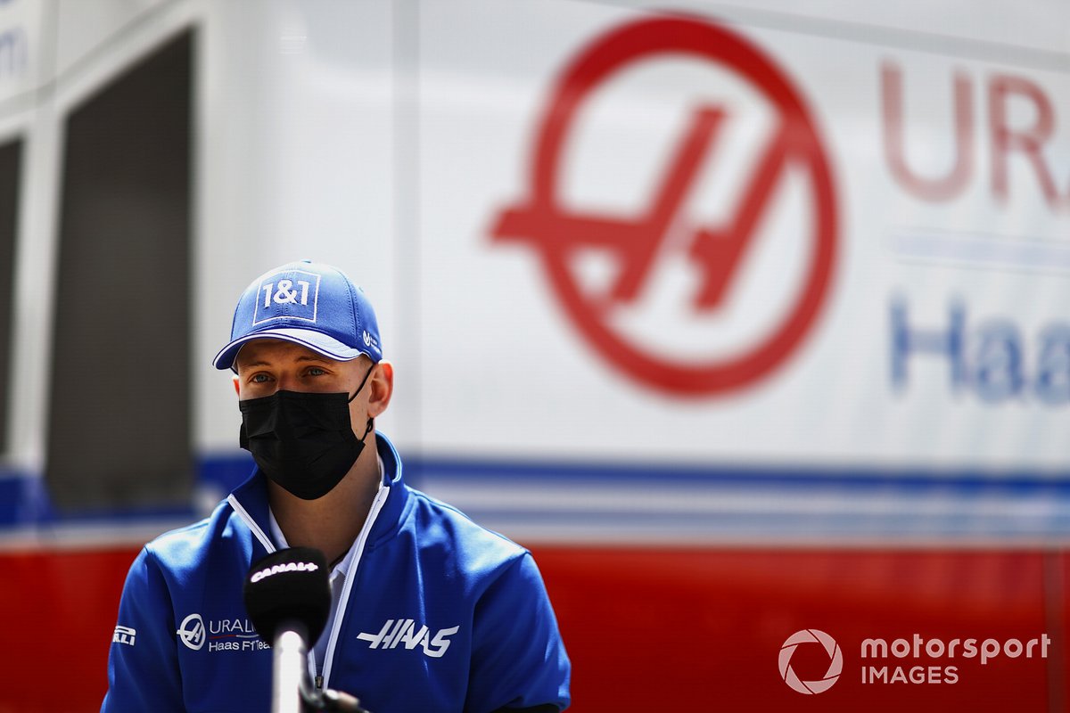 Mick Schumacher, Haas F1, talks to the press