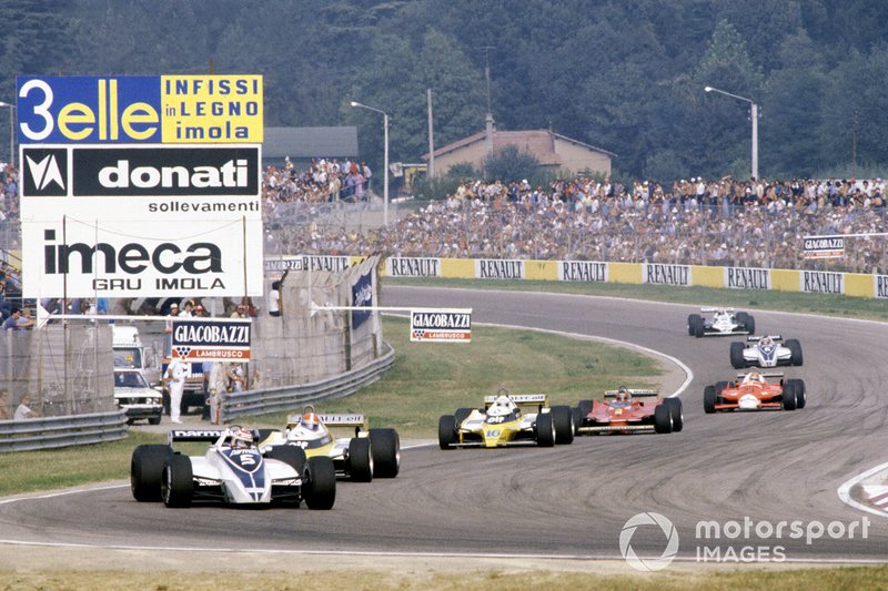 Nelson Piquet, Brabham BT49-Ford Cosworth leads Jean-Pierre Jabouille, Renault RE20, Rene Arnoux h Renault RE20, Gilles Villeneuve, Ferrari 312T5, Bruno Giacomelli, Alfa Romeo 179B, Hector Rebaque, Brabham BT49-Ford Cosworth and Alan Jones Williams FW07B-Ford Cosworth