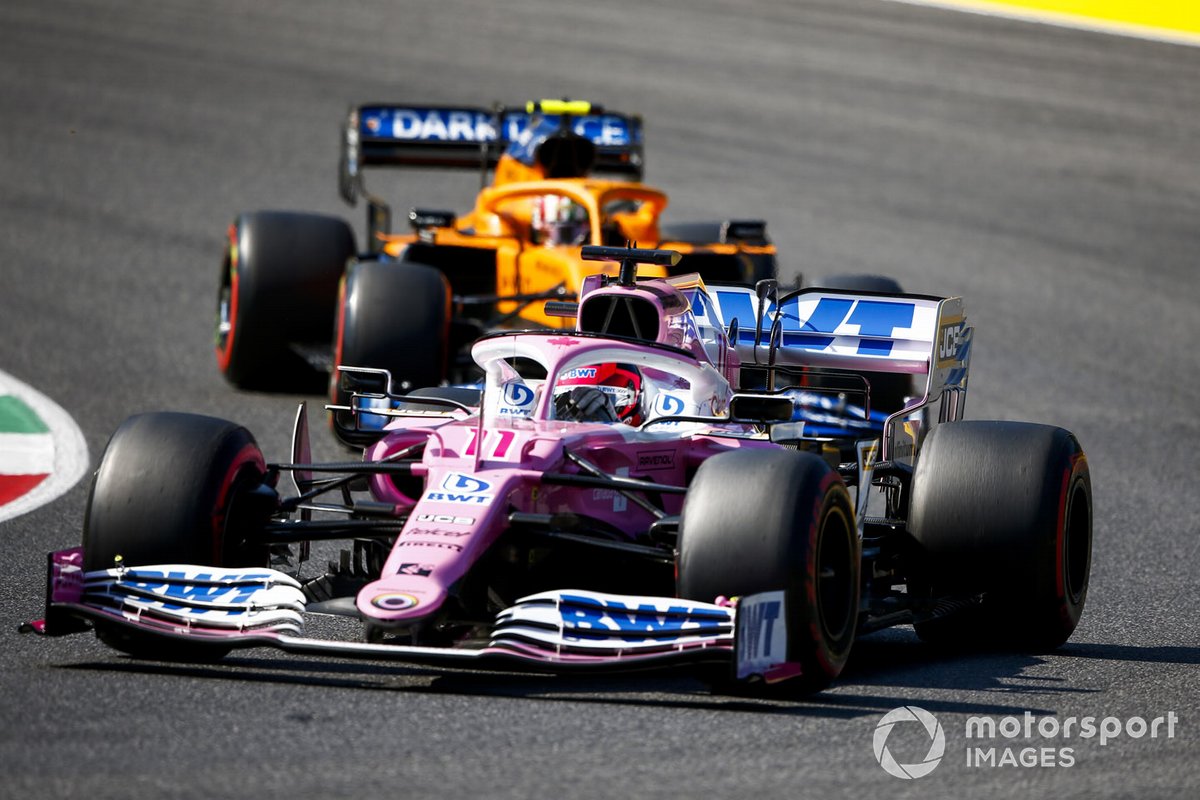 Sergio Perez, Racing Point RP20, Lando Norris, McLaren MCL35