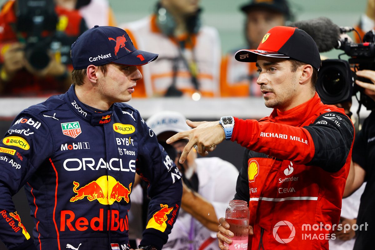 Pole man Max Verstappen, Red Bull Racing, Charles Leclerc, Ferrari, in Parc Ferme