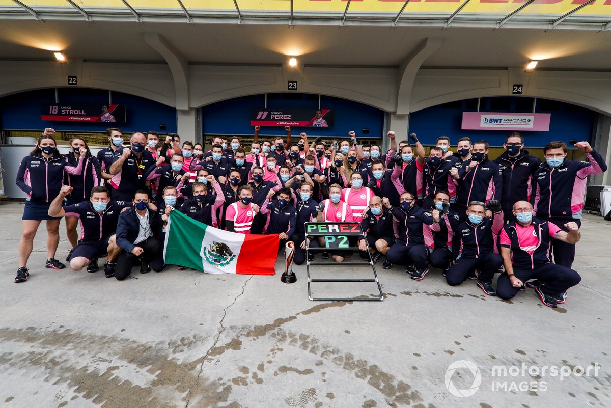 Sergio Perez, Racing Point, 2nd position, and the Racing Point team celebrate after the race