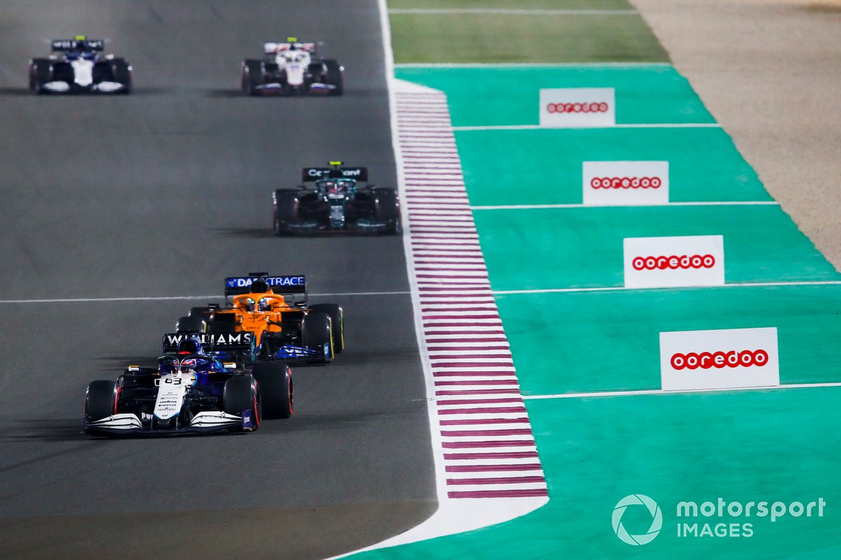 George Russell, Williams FW43B, Daniel Ricciardo, McLaren MCL35M, and Sebastian Vettel, Aston Martin AMR21
