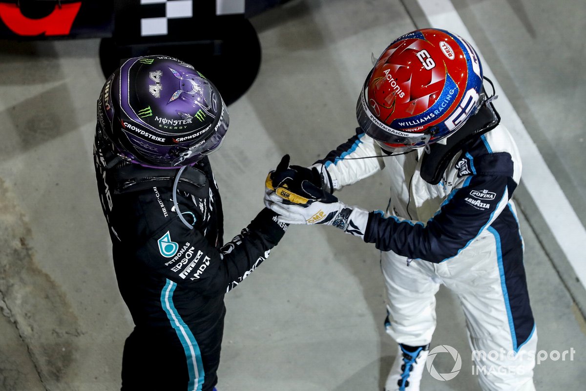 Race winner Lewis Hamilton, Mercedes celebrates in Parc Ferme with George Russell, Williams