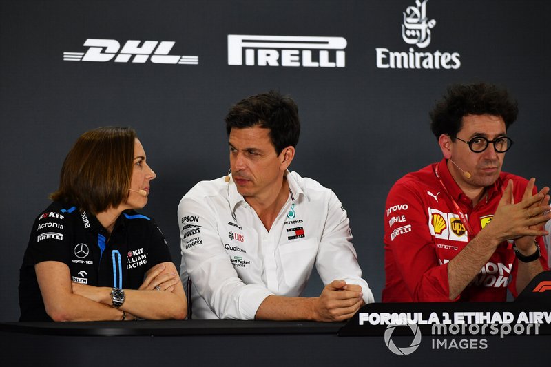 Claire Williams, Deputy Team Principal, Williams Racing, Toto Wolff, Executive Director (Business), Mercedes AMG, and Mattia Binotto, Team Principal Ferrari
