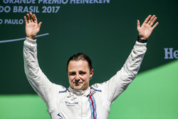 Felipe Massa, Williams, waves from the podium whilst celebrating after his final home Grand Prix