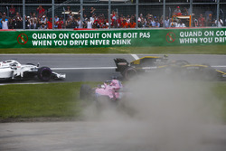 A sideways Sergio Perez, Force India VJM11, bounces over the grass after battling with Carlos Sainz