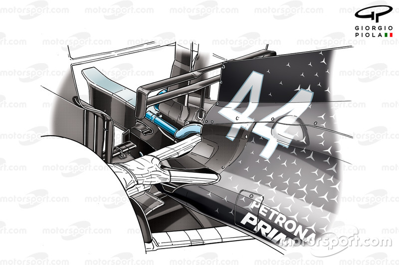 Lewis Hamilton, Mercedes AMG W10, dettaglio dello sfogo d'aaria posteriore maggiorato