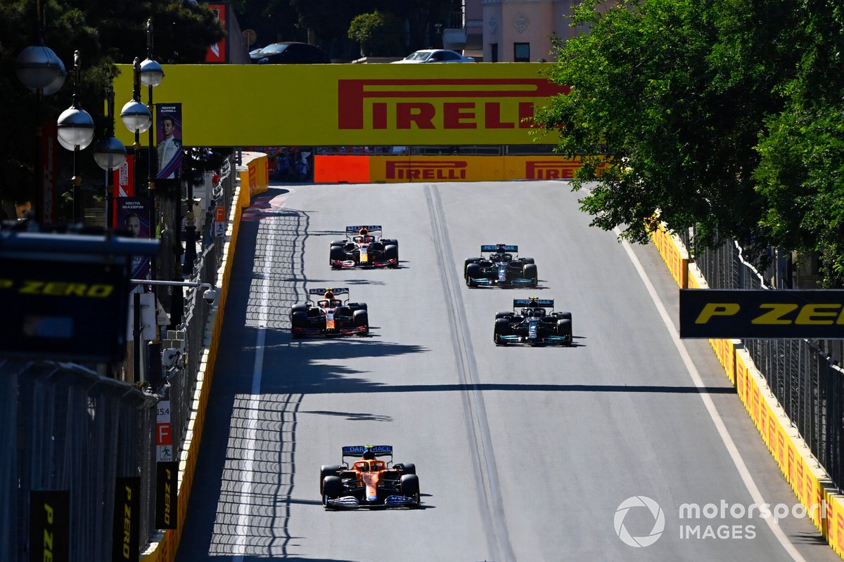 Lando Norris, McLaren MCL35M, Valtteri Bottas, Mercedes W12, Sergio Perez, Red Bull Racing RB16B, Lewis Hamilton, Mercedes W12, and Sergio Perez, Red Bull Racing RB16B
