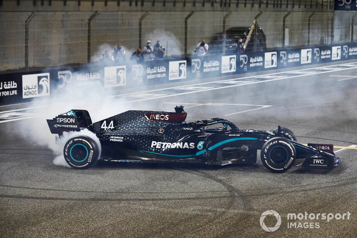 Lewis Hamilton, Mercedes F1 W11, 3rd position, performs some celebratory donuts at the end of the race