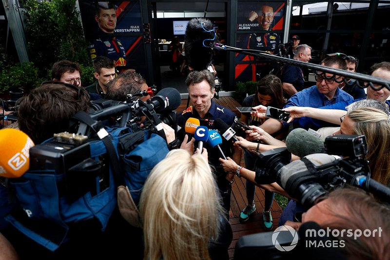 Christian Horner, Team Principal, Red Bull Racing talks to the press