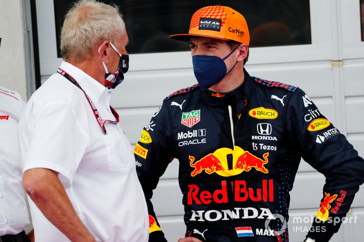 Helmut Marko, Consultant, Red Bull Racing, talks with Max Verstappen, Red Bull Racing, 1st position, in Parc Ferme