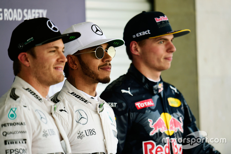 Qualifying top three in parc ferme (L to R): Nico Rosberg, Mercedes AMG F1, second; Lewis Hamilton, Mercedes AMG F1, pole position; Max Verstappen, Red Bull Racing, third