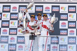 Podium: race winners Robin Frijns, Stuart Leonard, Dries Vanthoor, Audi Sport Team WRT