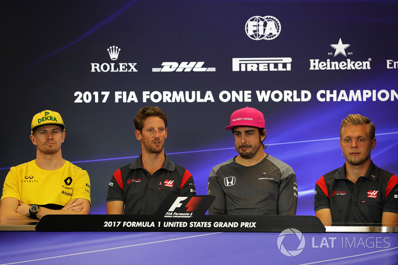 (L to R): Nico Hulkenberg, Renault Sport F1 Team, Romain Grosjean, Haas F1, Fernando Alonso, McLaren and Kevin Magnussen, Haas F1 in the Press Conference