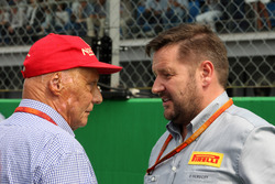 (L to R): Niki Lauda, Mercedes Non-Executive Chairman with Paul Hembery, Pirelli Motorsport Director