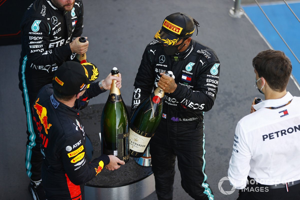 Valtteri Bottas, Mercedes-AMG Petronas F1, 3rd position, Max Verstappen, Red Bull Racing, 2nd position, Lewis Hamilton, Mercedes-AMG Petronas F1, 1st position, on the podium