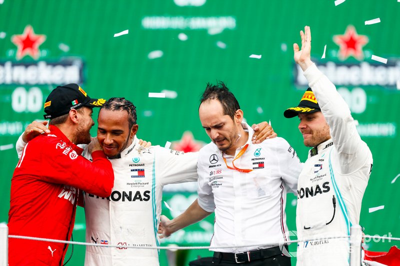 Sebastian Vettel, Ferrari, Race winner Lewis Hamilton, Mercedes AMG F1 and Valtteri Bottas, Mercedes AMG F1 celebrate on the podium
