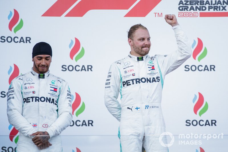 Lewis Hamilton, Mercedes AMG F1, 2nd position, and Valtteri Bottas, Mercedes AMG F1, 1st position, on the podium