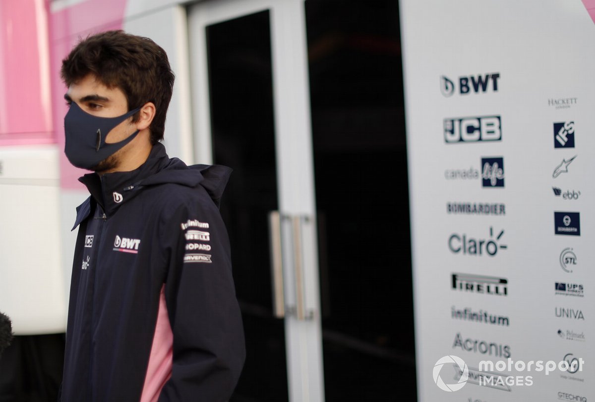 Lance Stroll, Racing Point speaks to the media.