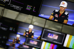 Pierre Gasly, Scuderia Toro Rosso, is pictured on monitors in the media centre