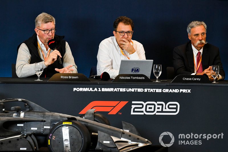 The 2021 Formula 1 technical regulations are announced, Ross Brawn, Managing Director of Motorsports, FOM, Nikolas Tombazis and Chase Carey, Chairman, Formula 1
