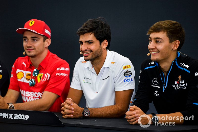 Charles Leclerc, Ferrari, Carlos Sainz Jr., McLaren and George Russell, Williams Racing in the Press Conference