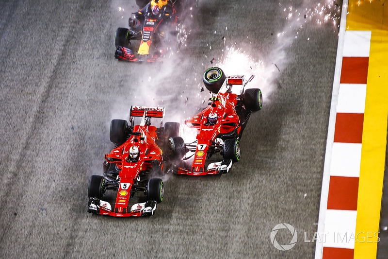 Kecelakaan selepas start GP Singapura 2017, melibatkan Sebastian Vettel, Kimi Raikkonen, dan Max Verstappen