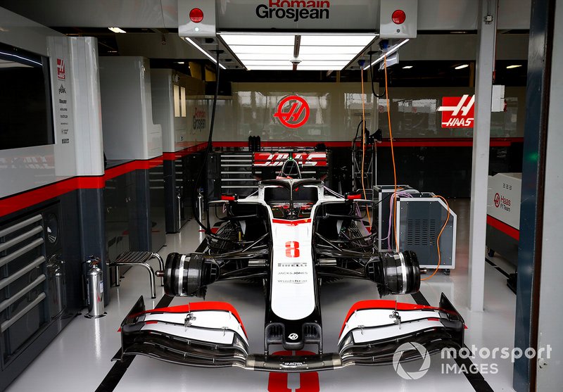 Romain Grosjean's Haas VF-20 in the garage