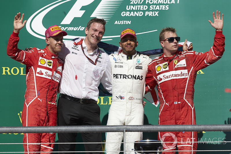 Podio Austin 2017: Sebastian Vettel, Ferrari, James Allison, Lewis Hamilton, Mercedes AMG F1, Kimi Raikkonen, Ferrari