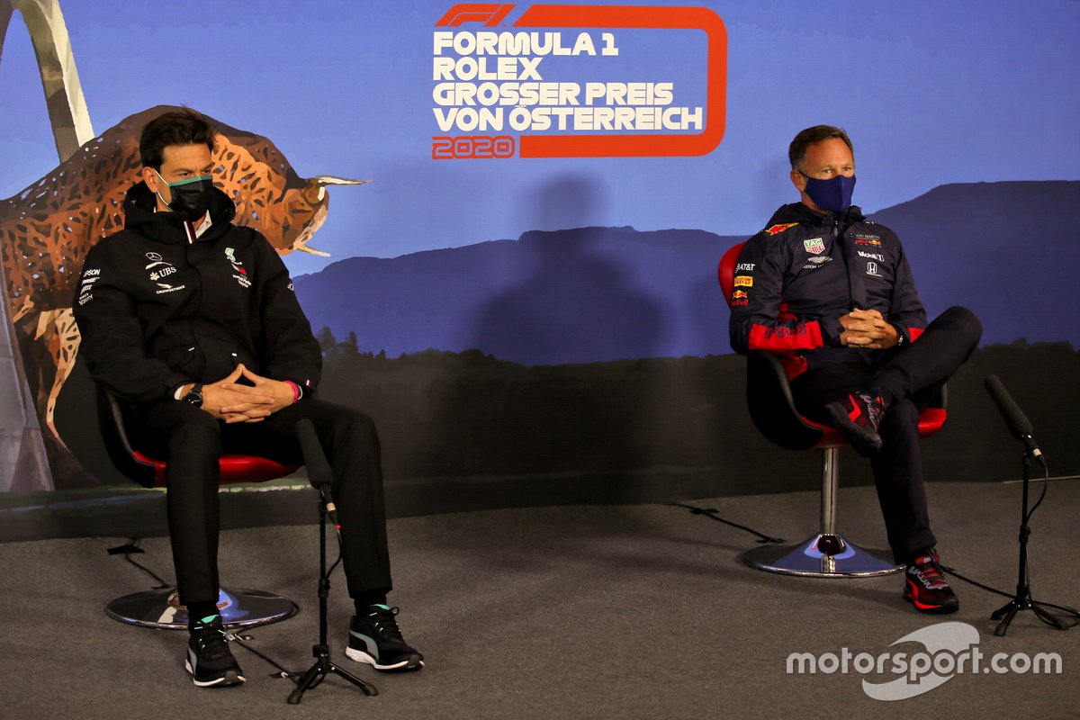 Toto Wolff, Executive Director (Business), Mercedes AMG and Christian Horner, Team Principal, Red Bull Racing in the press conference