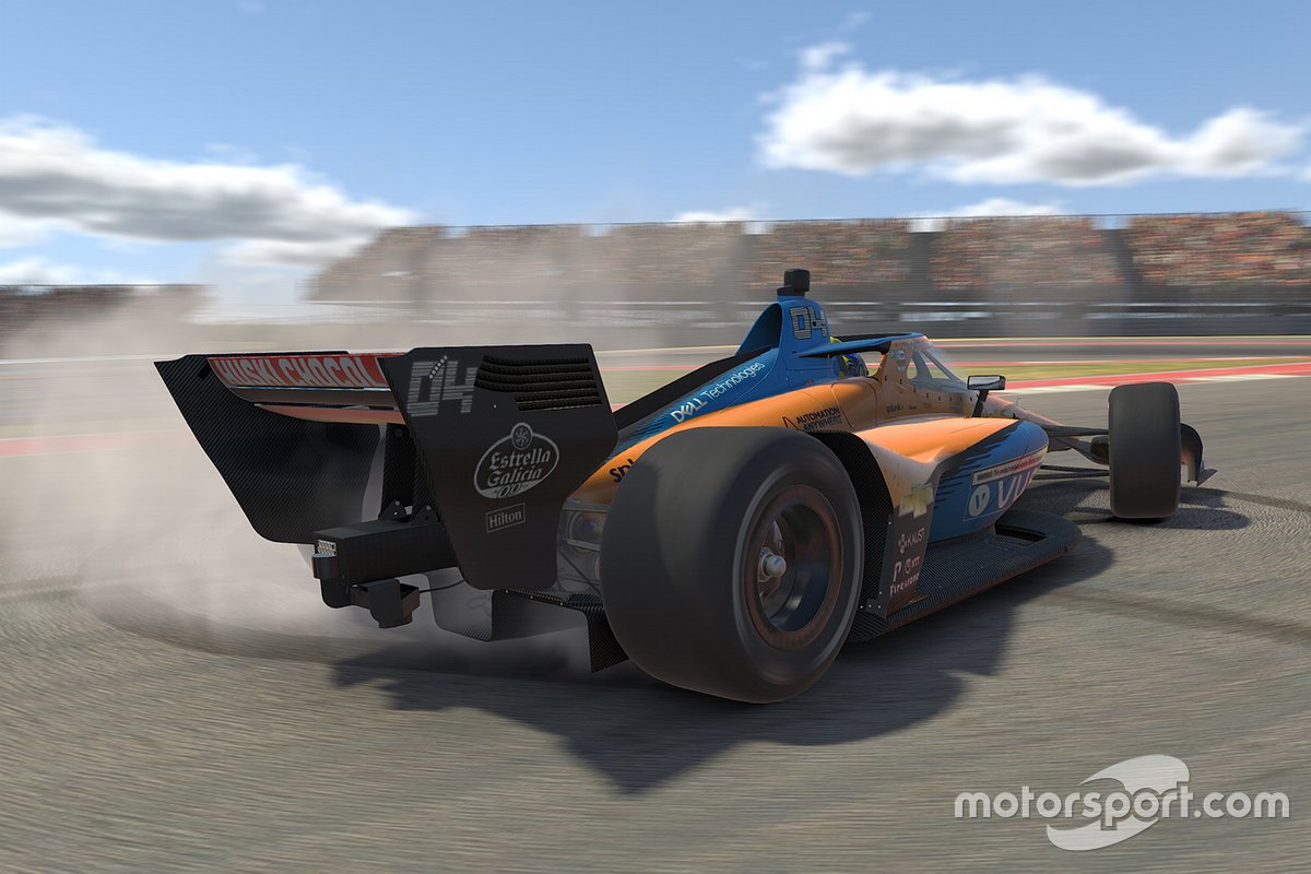 Зрителям виртуального IndyCar стоит быть внимательными: расцветка машины Ландо Норриса (на фото) весьма похожа на дизайн болида трехкратного чемпиона мира Скотта Диксона