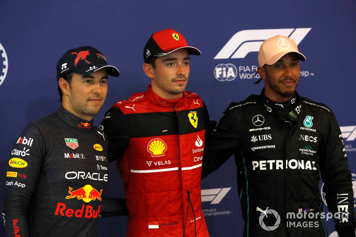 Top three Qualifiers Sergio Perez, Red Bull Racing, pole man Charles Leclerc, Ferrari, Lewis Hamilton, Mercedes AMG