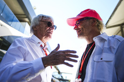 Bernie Ecclestone, Chairman Emeritus of Formula 1, with former champion Jacques Villeneuve